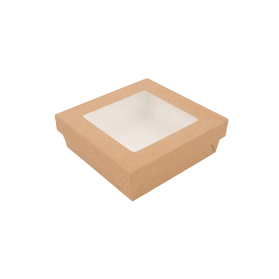 Boite salade 750 ml en carton avec base étanche et couvercle fenêtre haute visibilité - 14x14x5 cm - carton de 250 unités