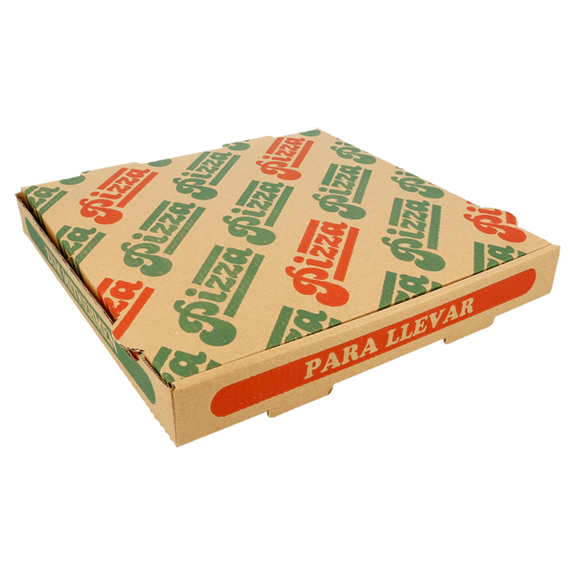 Boite à pizza marron impression motifs pizza 26x26x3.8 cm - pack de 100 unités