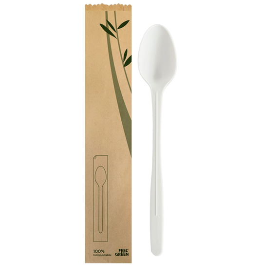 Longue cuillère compostables et biodégradables en CPLA 21 cm en sachet individuel - carton de 500 unités