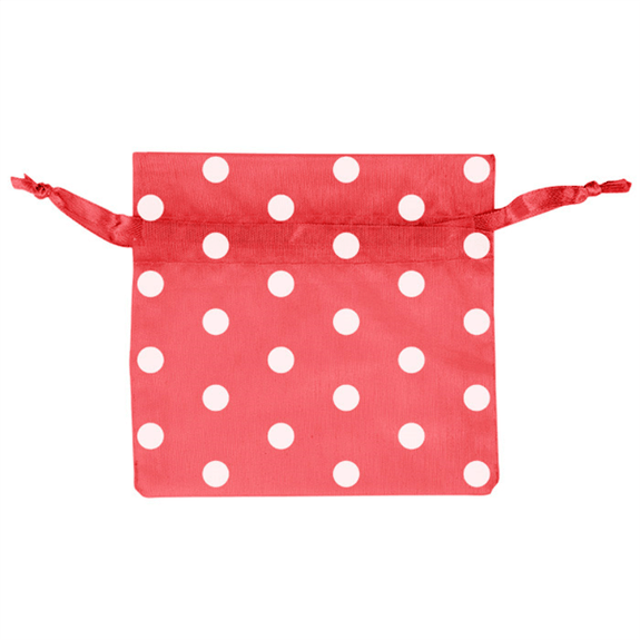 Sachet organza rouge à pois blanc avec fermeture satinée 12.5 x 11 cm - Pack de 48 unités