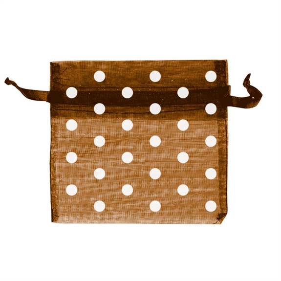 Sachet organza chocolat à pois blanc avec fermeture satinée 15 x 24 cm - Pack de 48 unités