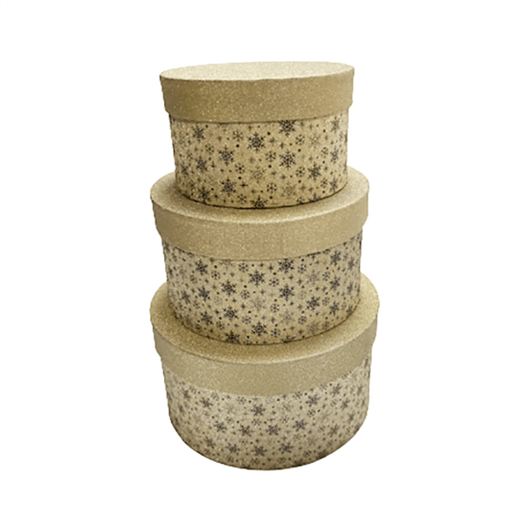 Lot de 3 boites en cartons rondes effet pailleté brillant avec impression flocons de neige