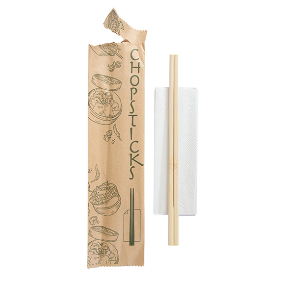 Baguettes chinoises en bambou 20 cm avec emballage individuel kraft et serviette - pack de 100 sachets