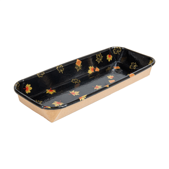 Barquette NOIR motifs feuilles d'érable pour sushi 22.1 x 9.1 x 2.4 cm - carton de 600 unités