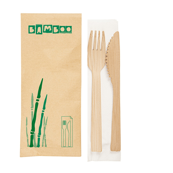 Set sachet de 2 couverts en bambou 17 cm et une serviette - Pack de  50 sets