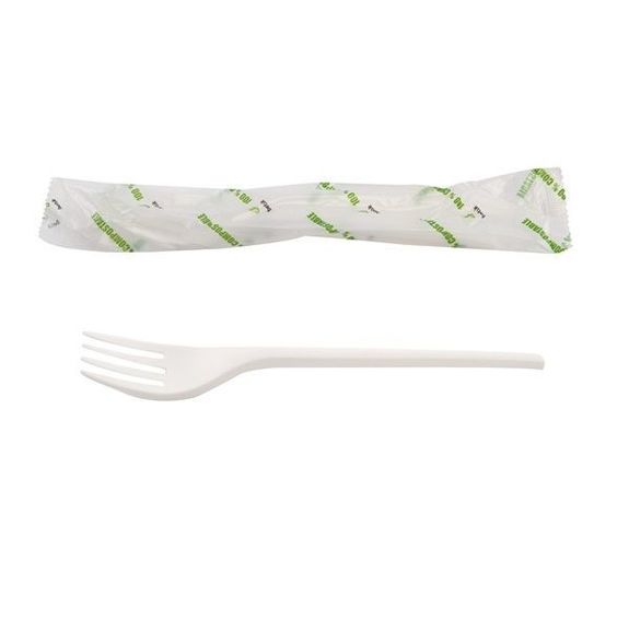 Fourchette compostable et biodégradable en CPLA 16.8 cm emballée individuellement - paquet de 100 unités
