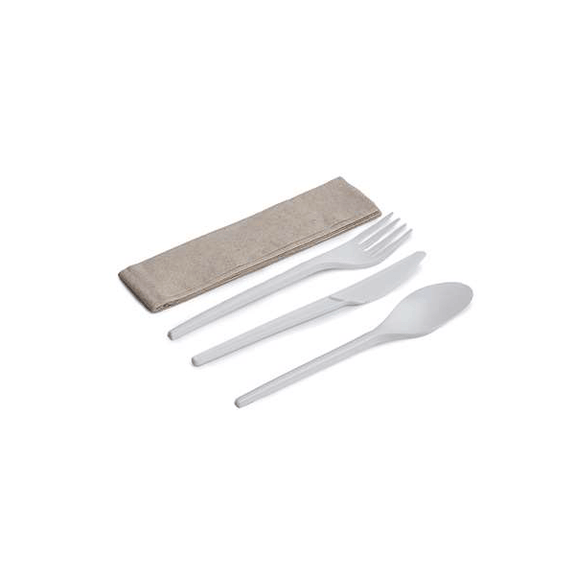 Kit couvert 4/1 (fourchette couteau grande cuillère et serviette) en CPLA - paquet de 50 unités