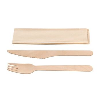 Set de couvert en bois 3/1 fourchette couteau et serviette en sachet kraft individuel 16.5 cm - paquet de 100 unités