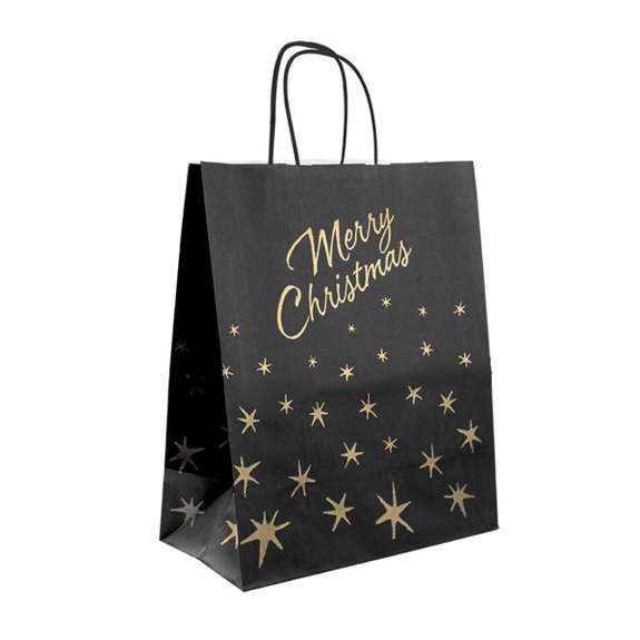 Sac sos avec anses Merry Christmas Noir et Or 26+14x32cm - Carton de 250 unités