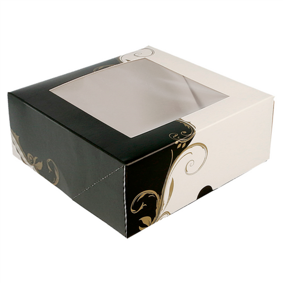 Boîte pâtissière avec fenêtre BLANCHE ET NOIR 21x21x7.5(h) cm - carton de 200 unités