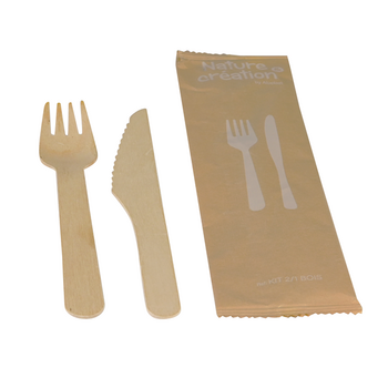 Set de couvert en bois 2/1 fourchette et couteau en sachet kraft individuel