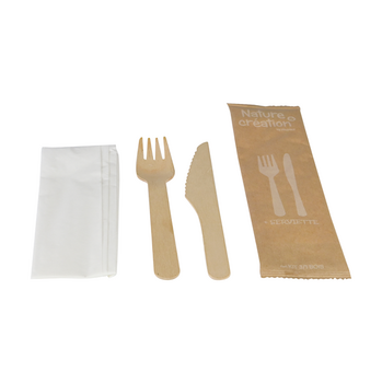 Set de couvert en bois 3/1 fourchette et couteau et serviette en sachet kraft individuel