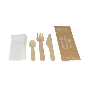 Set de couvert en bois 4/1 fourchette couteau cuillère à dessert et serviette en sachet kraft individuel