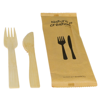 Set de couvert en bambou 2/1 fourchette et couteau en sachet kraft individuel