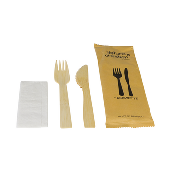 Set de couvert en bambou 3/1 fourchette et couteau et serviette en sachet kraft individuel