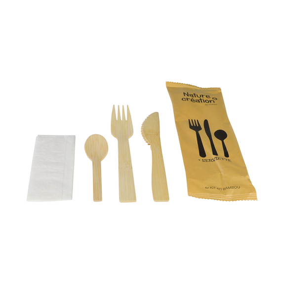 Set de couvert en bambou 4/1 fourchette couteau cuillère à dessert et serviette en sachet kraft individuel