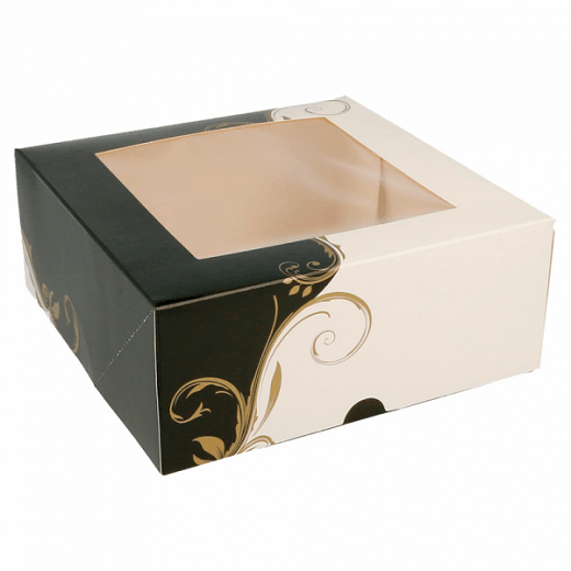 Boîte pâtissière avec fenêtre BLANCHE ET NOIR 18x18x7.5(h) cm - pack de 50 unités