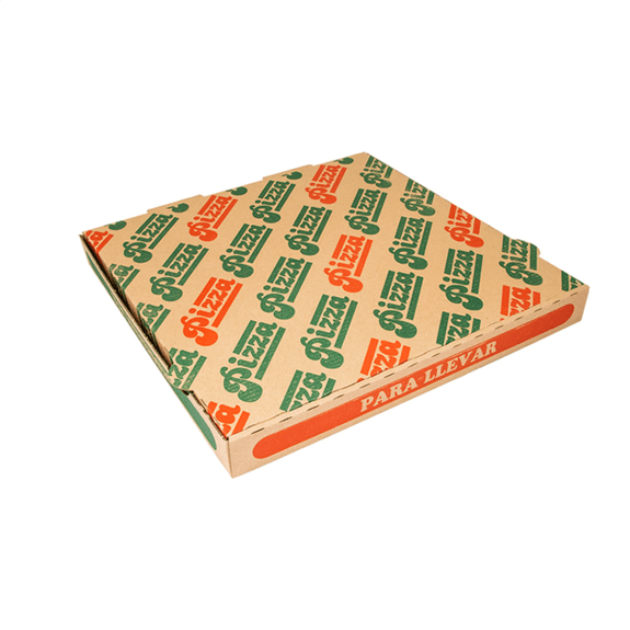 Boite à pizza marron  impression motifs pizza 32x32x3.8 cm - pack de 100 unités