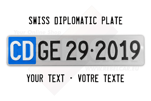 GENEVA DIPLOMATIC license plate EXACT SIZE 50 x 11 cm, WHITE letters CD over BLUE SQUARE and BLACK TEXT - reg. / text of your choice