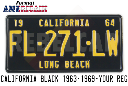 US GLOSSY BLACK CALIFORNIA EMBOSSED ALUMINUM LICENSE PLATE WITH CALIFORNIA AT TOP, STANDARD BORDER, SIZE 12x6" / 300x150 MM