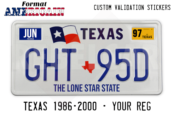 US TEXAS 1986-2000 EMBOSSED REFLECTIVE ALUMINUM LICENSE PLATE WITH TEXAS FLAG AND STATE GRAPHIC, STANDARD BORDER, SIZE 12x6" / 300x150 MM