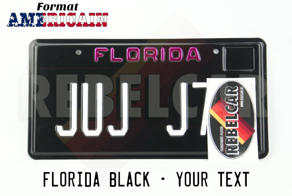 US GLOSSY BLACK FLORIDA ALUMINUM LICENSE PLATE WITH PINK FLORIDA TEXT AT TOP STANDARD BORDER FL STICKER FRAME EMBOSSED AT TOP RIGHT SIZE 12x6