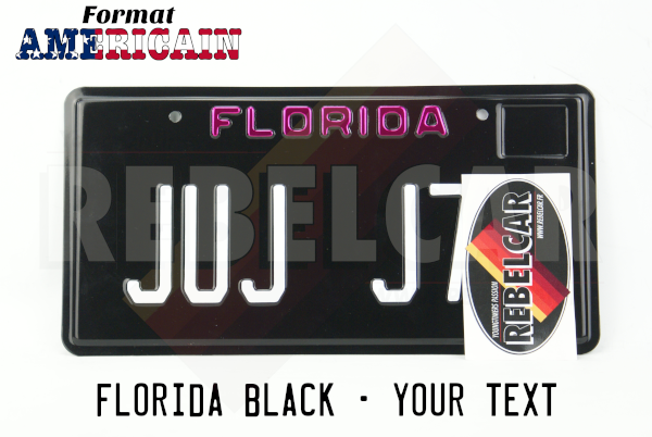 US GLOSSY BLACK FLORIDA ALUMINUM LICENSE PLATE WITH PINK FLORIDA TEXT AT  TOP, STANDARD BORDER, FL STICKER FRAME EMBOSSED AT TOP RIGHT, SIZE 12x6 /