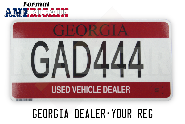 GEORGIA DEALER ALUMINUM REFLECTIVE PLATE BLACK SERIAL BURGUNDY COLOR BANDS AT TOP BOTTOM SECURITY FEATURES BARCODE DECAL FRAME FLAT BORDER