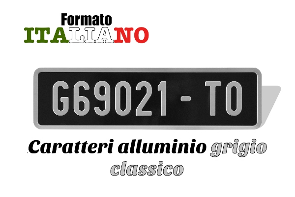 GLOSSY BLACK 275/75 MM EMBOSSED 1-LINE LICENSE PLATE WITH GREY DIGITS AND GREY BORDER