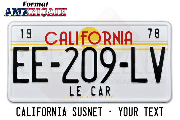 PLAQUE US EMBOUTIE CALIFORNIA SUNSET / THE GOLDEN STATE RÉFLECTORISÉE AVEC BORDURE STANDARD, FORMAT 300x150 MM / 12x6"