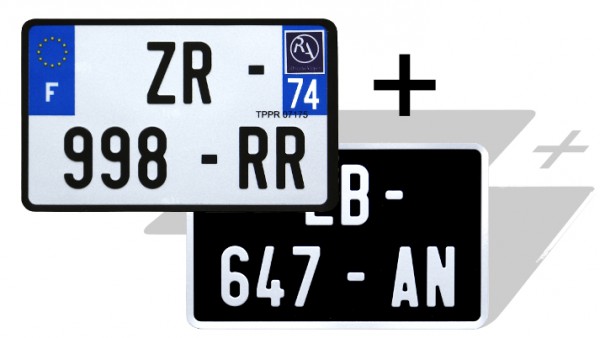 Pack plaques moto noire collection + blanche homologuée 21x13 cm Pack plaques moto noire collection + blanche homologuée 21x13 cm