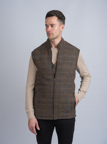 Gilet bodywarmer tweed horse brown et insert cuir.