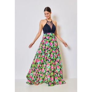 Grossiste de robe longue motif tropicaux à col licou corsage