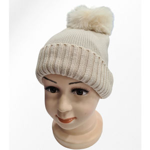 Bonnet doublé pour enfant uni simple et bord côtelé avec pompon