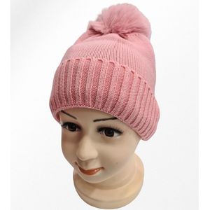 Bonnet doublé pour enfant uni simple et bord côtelé avec pompon