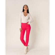 Pantalon coupe slim taille haute en coton stretch uni