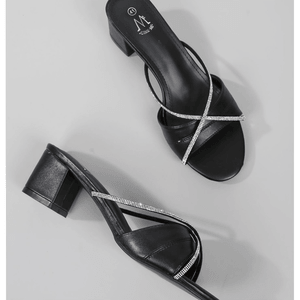 Mules talon carré avec deux fines brides en strass grande taille 41-44