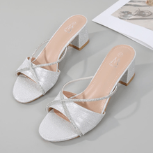 Mules talon carré avec deux fines brides en strass grande taille 41-44