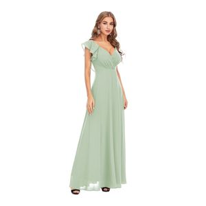 Robe longue à col V avec des manches courtes volantes et une fente