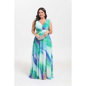 Robe longue grande taille en col V avec une fente et à imprimé coloré