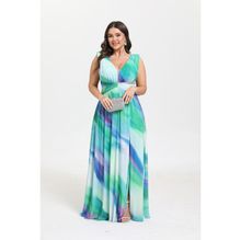 Robe longue grande taille en col V avec une fente et à imprimé coloré