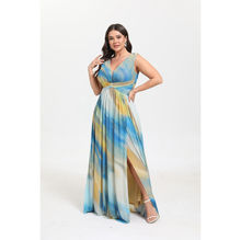 Robe longue grande taille en col V avec une fente et à imprimé coloré
