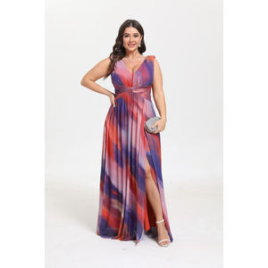 Robe longue grande taille en col V avec une fente et à imprimé coloré