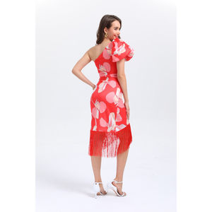 Robe asymétrique à manche unique bouffante à motif de fleurs avec franges