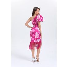 Robe asymétrique à manche unique bouffante à motif de fleurs avec franges