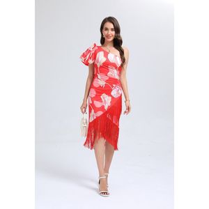 Robe asymétrique à manche unique bouffante à motif de fleurs avec franges