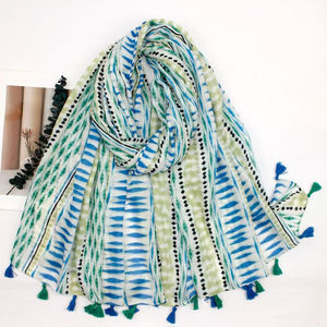 Écharpe en coton et viscose à imprimé graphique avec des pompons - 3 pièces