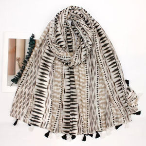 Écharpe en coton et viscose à imprimé graphique avec des pompons - 3 pièces