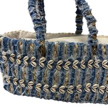 Sac en paille pour la plage à bandes de tissu bleu et petits coquillages