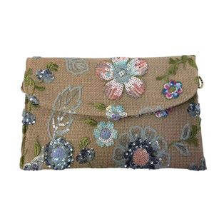 Pochette en toile de jute avec broderies florales à paillettes